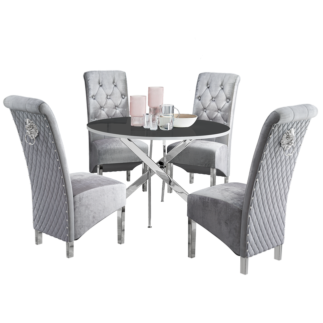 Palma - Black High Gloss Effect Chrome Leg Table & 4 Emma Grey Crushed Velvet Dining Chair