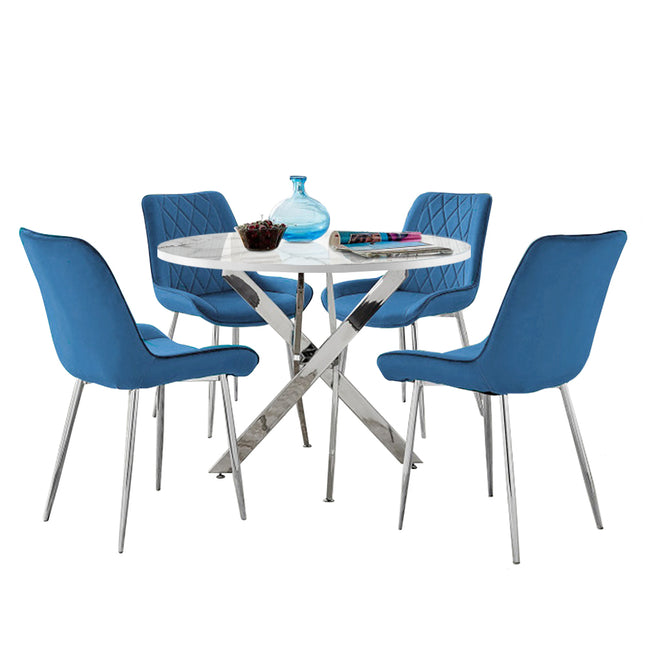 Palma - Marble High Gloss Effect Chrome Leg Table & 4 Maya Blue Velvet Chairs