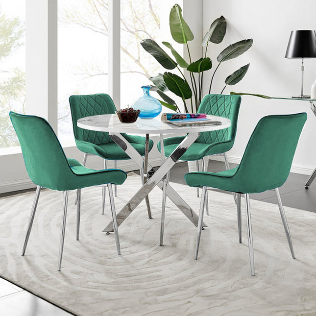 Palma - Marble High Gloss Effect Chrome Leg Table & 4 Maya Green Velvet Chairs