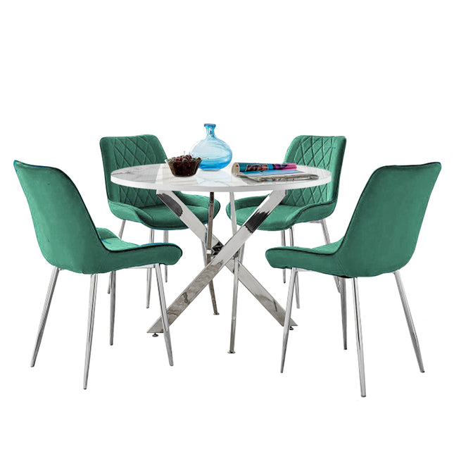 Palma - Marble High Gloss Effect Chrome Leg Table & 4 Maya Green Velvet Chairs