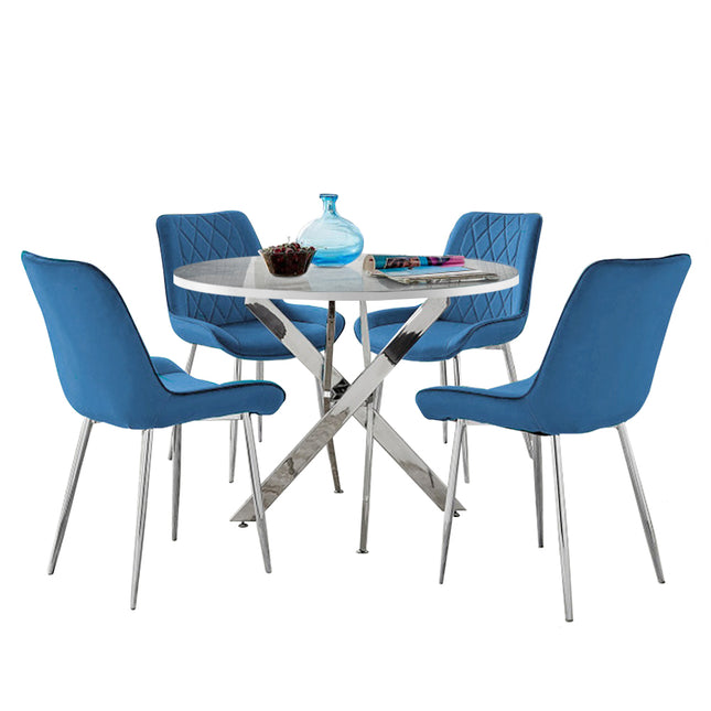 Palma - Glacier High Gloss Effect Chrome Leg Table & 4 Maya Blue Velvet Chairs