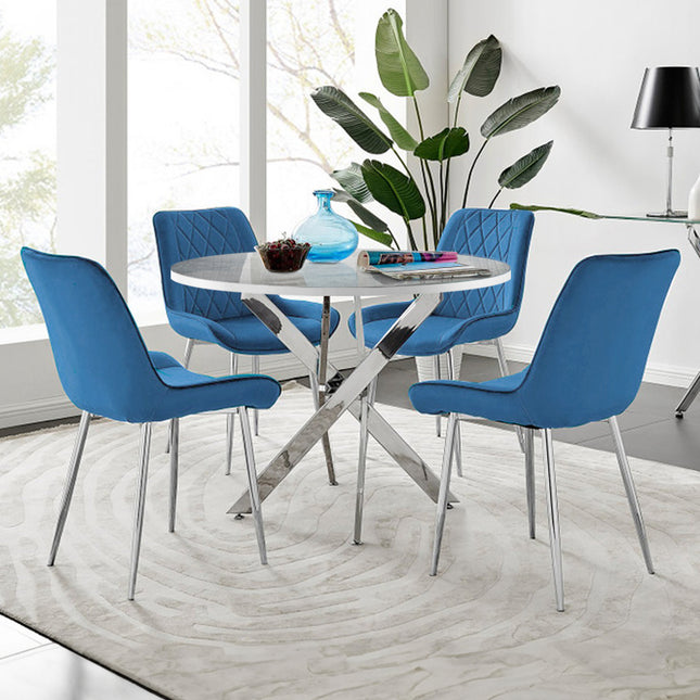 Palma - Glacier High Gloss Effect Chrome Leg Table & 4 Maya Blue Velvet Chairs