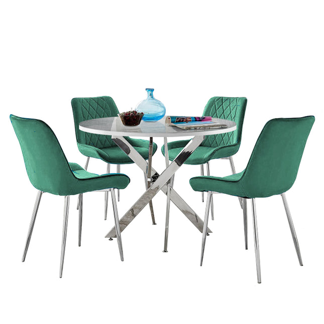 Palma - Glacier High Gloss Effect Chrome Leg Table & 4 Maya Green Velvet Chairs