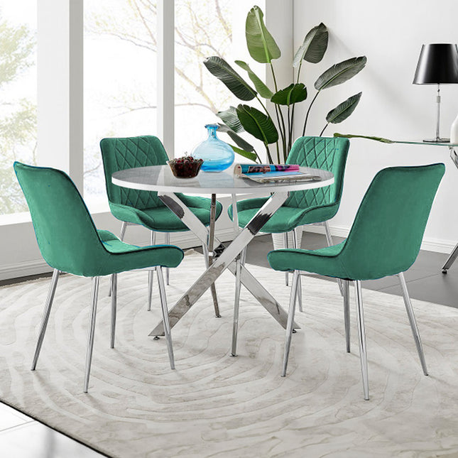 Palma - Glacier High Gloss Effect Chrome Leg Table & 4 Maya Green Velvet Chairs
