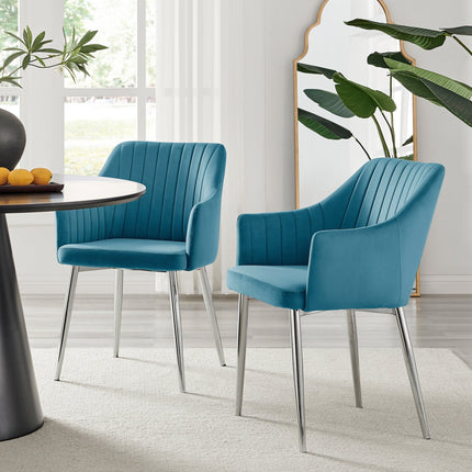 Kerry - Dark Oak Wood Effect Dining Table & 4 Calla Blue Velvet Chrome Leg Luxury Dining Chair