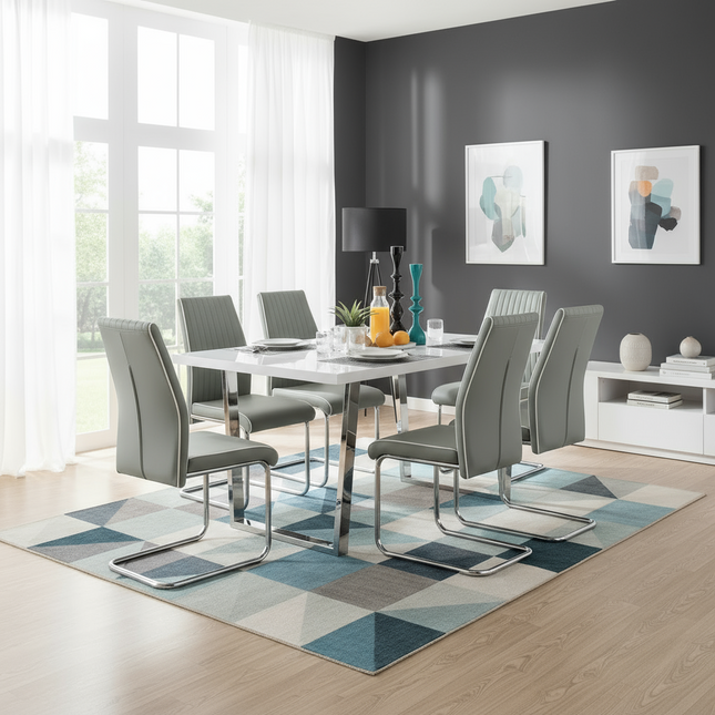 Dunloe - Large White High Gloss Dining Table & 6 Elba Chairs
