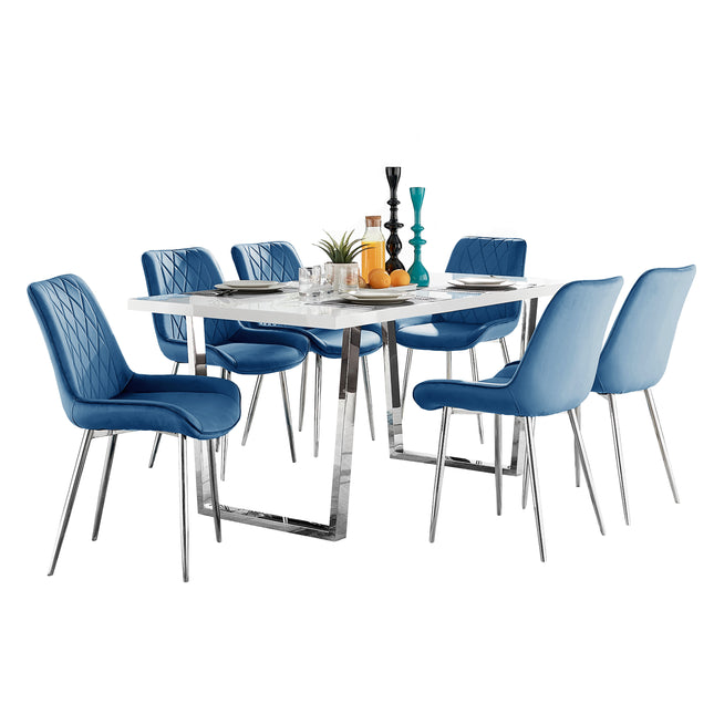 Dunloe - Large High Gloss White Dining Table & Navy Blue Maya Chairs