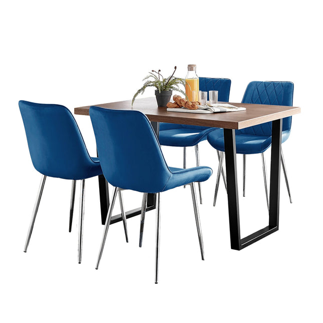 Kerry - Large Dark Oak Wood Effect Dining Table & 4 Maya Blue Velvet Dining Chairs