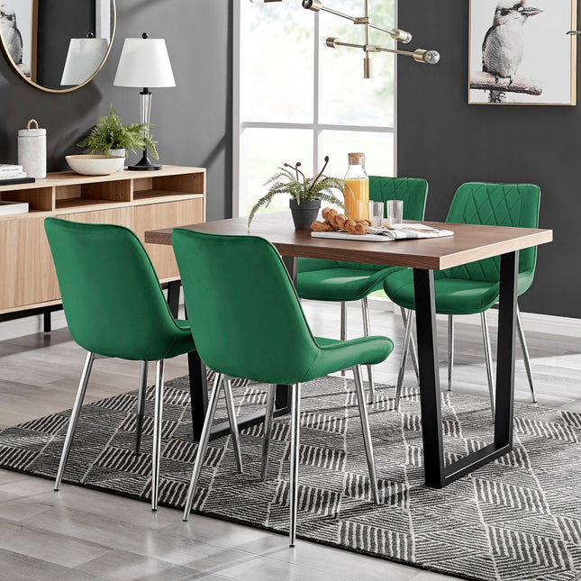 Kerry - Large Dark Oak Wood Effect Dining Table & 4 Maya Green Velvet Dining Chairs