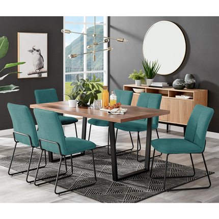 Kerry - Large Dark Oak Wood Effect Dining Table & Halle Turquoise Fabric Dining Chairs