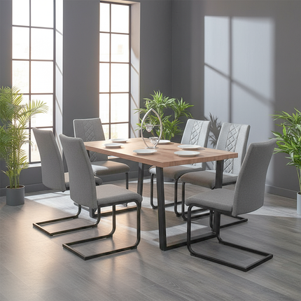 Kerry - Large Dark Oak Wood Effect Dining Table & Hugo Grey Fabric Dining Chairs