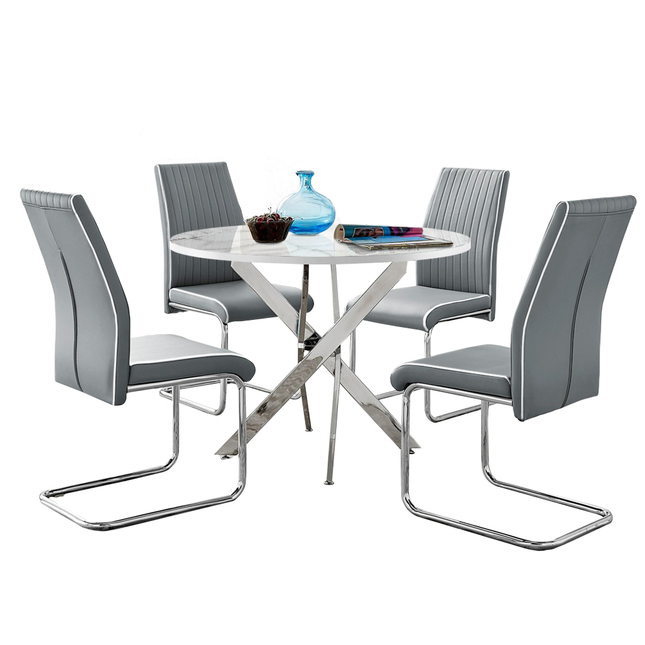 Palma - White Marble High Gloss Effect Chrome Leg Table & 4 Elba Grey Chairs
