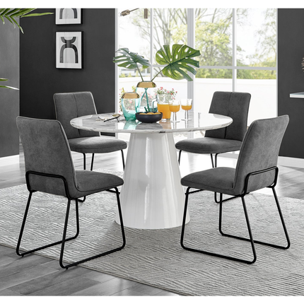 Storm - Marble Effect Round Dining Table & 4 Halle Charcoal Fabric Dining Chairs