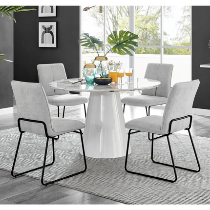 Storm - Marble Effect Round Dining Table & 4 Halle Light Grey Fabric Dining Chairs