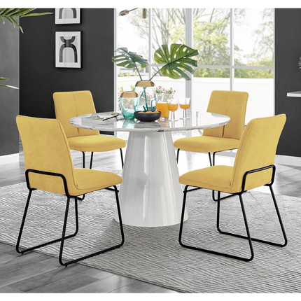 Storm - Marble Effect Round Dining Table & 4 Halle Mustard Fabric Dining Chairs