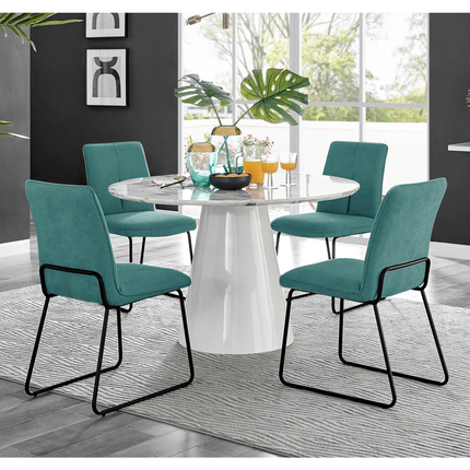 Storm - Marble Effect Round Dining Table & 4 Halle Turquoise Fabric Dining Chairs