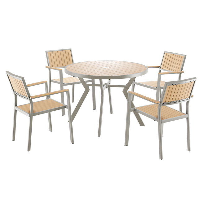 Tanya Bistro Set – Modern garden furniture set featuring a round table and four matching chairs. Combines light wood and metal elements, perfect for outdoor dining or relaxation