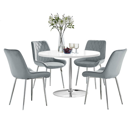 Mini Chrome Pod - High Gloss White Dining Table & 4 Maya Grey Velvet Chrome Leg Luxury Dining Chair