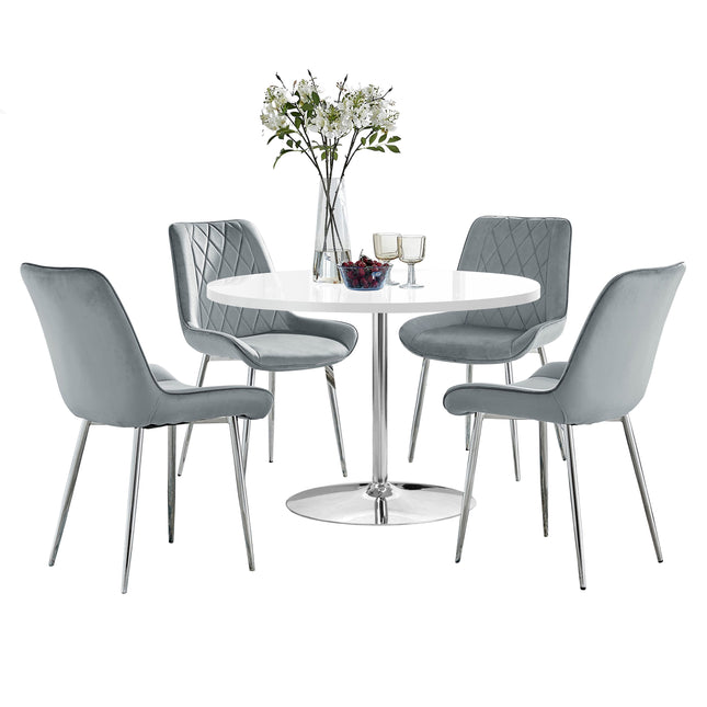 Mini Chrome Pod - High Gloss White Dining Table & 4 Maya Grey Velvet Chrome Leg Luxury Dining Chair