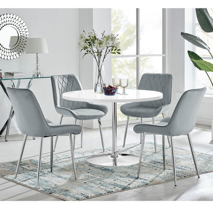Mini Chrome Pod - High Gloss White Dining Table & 4 Maya Grey Velvet Chrome Leg Luxury Dining Chair