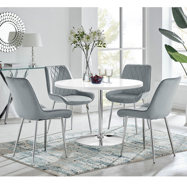 Mini Chrome Pod - High Gloss White Dining Table & 4 Maya Grey Velvet Chrome Leg Luxury Dining Chair