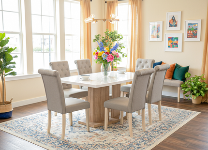 Detroit High Gloss White Top Sonoma Table & Venice Beige Dining Chairs