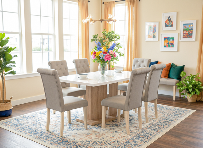 Detroit High Gloss White Top Sonoma Table & Venice Beige Dining Chairs