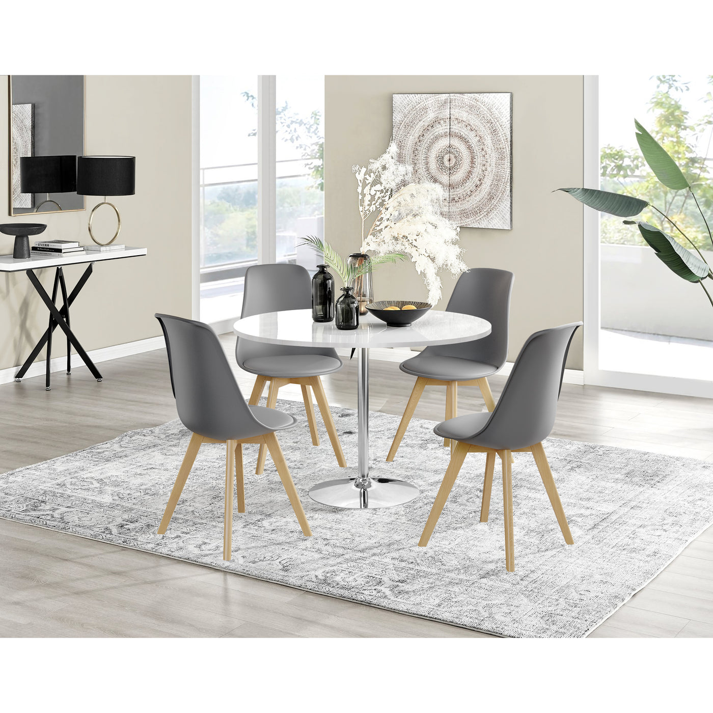 Jumbo Chrome Pod High Gloss White Dining Table & 4 Arlo Grey Chairs Bargaintown