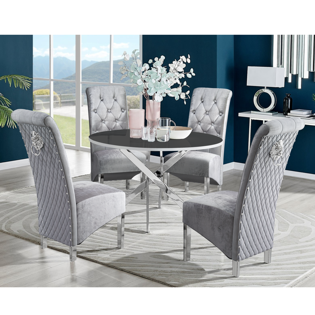 Palma - Black High Gloss Effect Chrome Leg Table & 4 Emma Grey Crushed Velvet Dining Chair