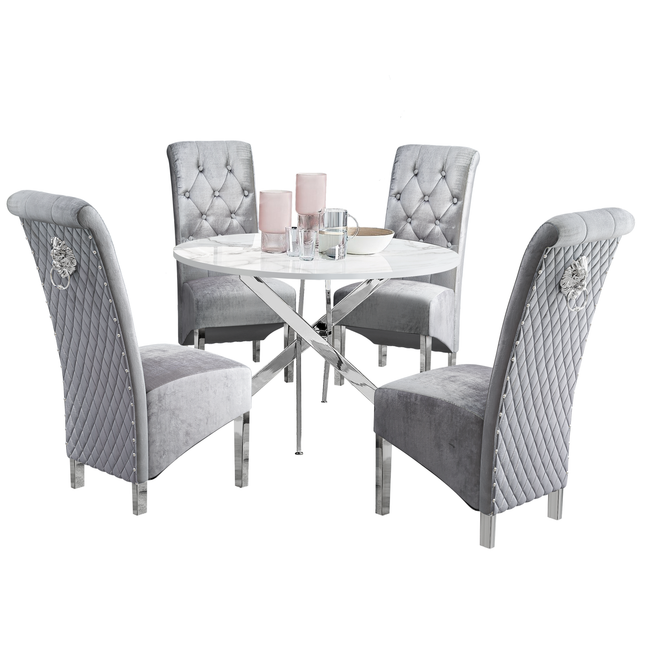 Palma - White Marble High Gloss Effect Chrome Leg Table & 4 Emma Grey Crushed Velvet Dining Chair