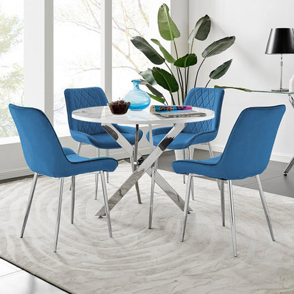Palma - Marble High Gloss Effect Chrome Leg Table & 4 Maya Blue Velvet Chairs