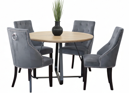 Santorini - Modern Brown Wood Effect Round Dining Table & 4 Hilton Grey Dining Chairs