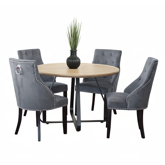 Santorini - Modern Brown Wood Effect Round Dining Table & 4 Hilton Grey Dining Chairs