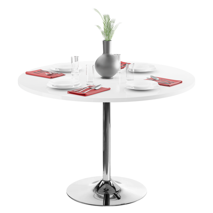 Jumbo Chrome Pod - High Gloss White Dining Table & 4 Maya Blue Velvet Chrome Leg Luxury Dining Chair
