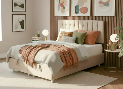 Bella - Upholstered Oyster Beige Ottoman Lift Up Storage Divan Base| 5ft King