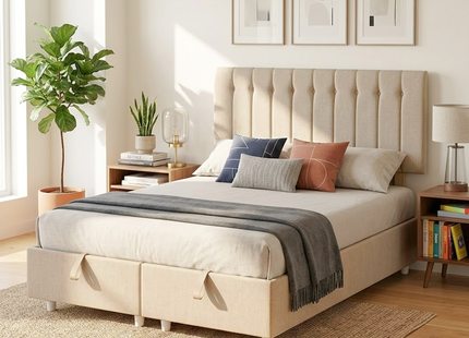 Bella - Upholstered Oyster Beige Ottoman Lift Up Storage Divan Base| 4ft Small Double