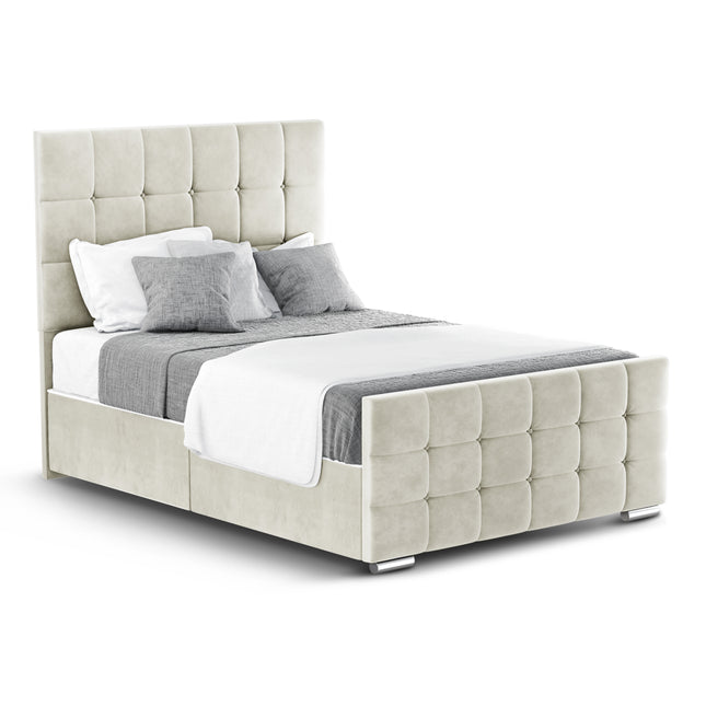 Brook - Plush Velvet Cream Upholstered Double Divan Bed, Headboard & Mattress (4ft6)