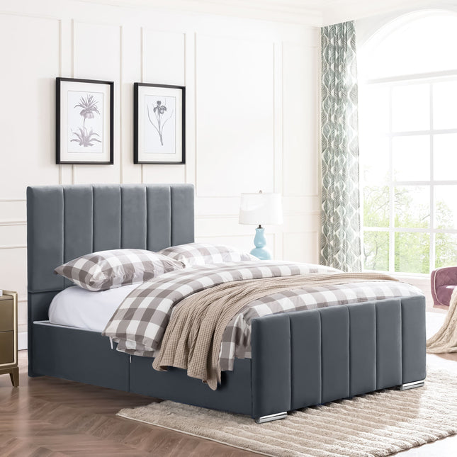 Brook - Plush Velvet Charcoal Grey Upholstered Double Divan Bed, Headboard & Mattress (4ft6)