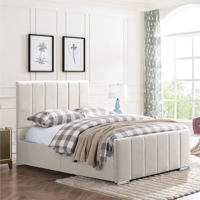 Brook - Plush Velvet Cream Upholstered Double Divan Bed, Headboard & Mattress (4ft6)