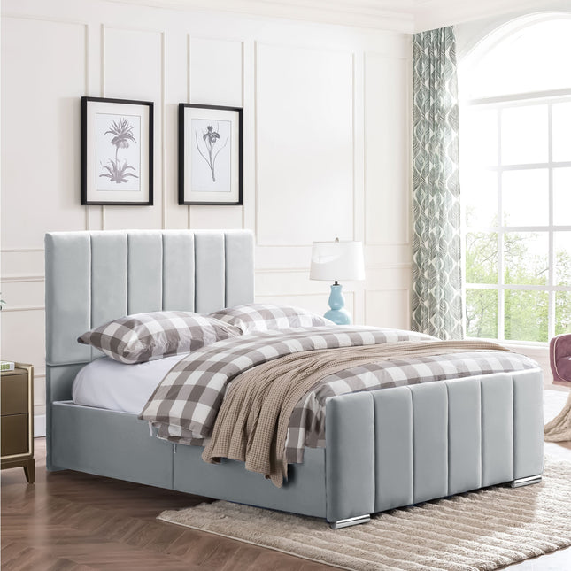 Brook - Plush Velvet Light Grey Upholstered Double Divan Bed, Headboard & Mattress (4ft6)