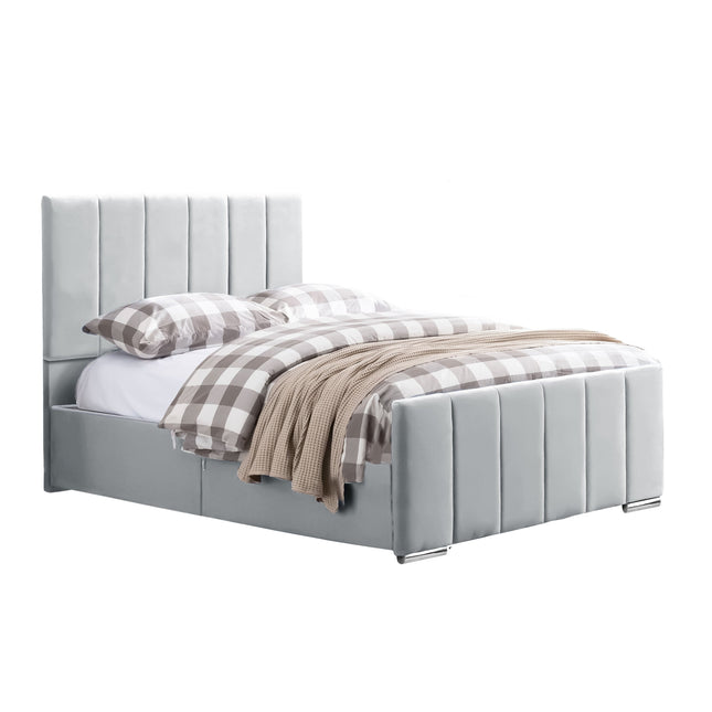 Brook - Plush Velvet Light Grey Upholstered Double Divan Bed, Headboard & Mattress (4ft6)