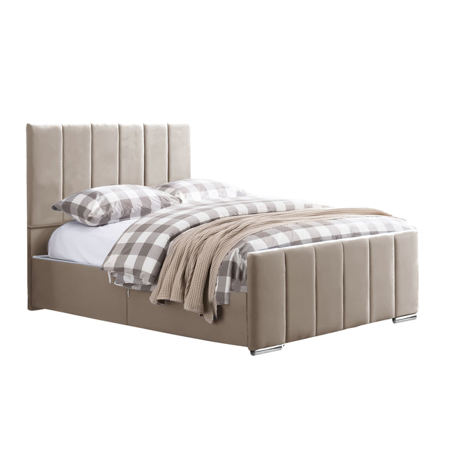 Brook - Plush Velvet Mink Upholstered Double Divan Bed, Headboard & Mattress (4ft6)