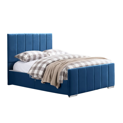 Brook - Plush Velvet Parliament Blue Upholstered Double Divan Bed, Headboard & Mattress (4ft6)