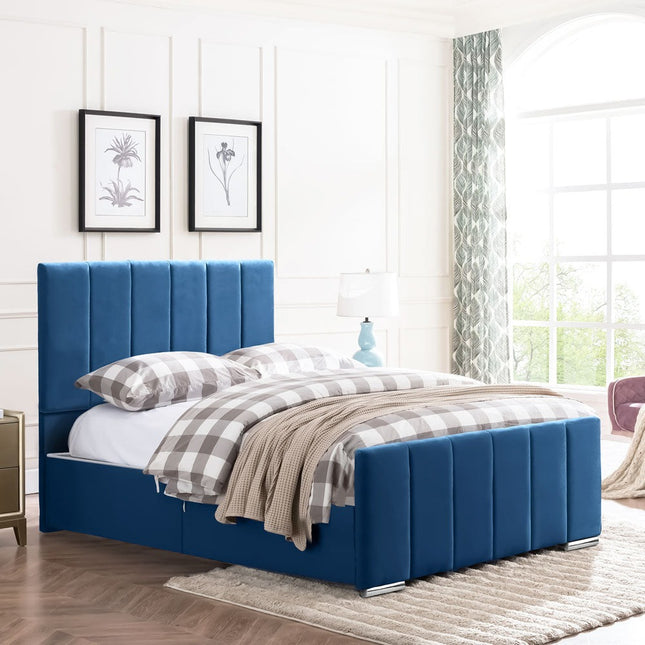 Brook - Plush Velvet Parliament Blue Upholstered Double Divan Bed, Headboard & Mattress (4ft6)