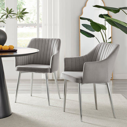 Kerry - Large Dark Oak Wood Effect Dining Table & Calla Grey Velvet Chrome Leg Luxury Dining Chair