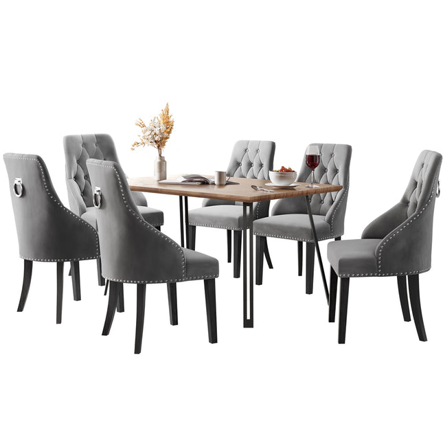 Corrib- Large Dark Oak Wood Effect Dining Table & Hilton Grey Velvet Upholstered Buttoned Dining Chair