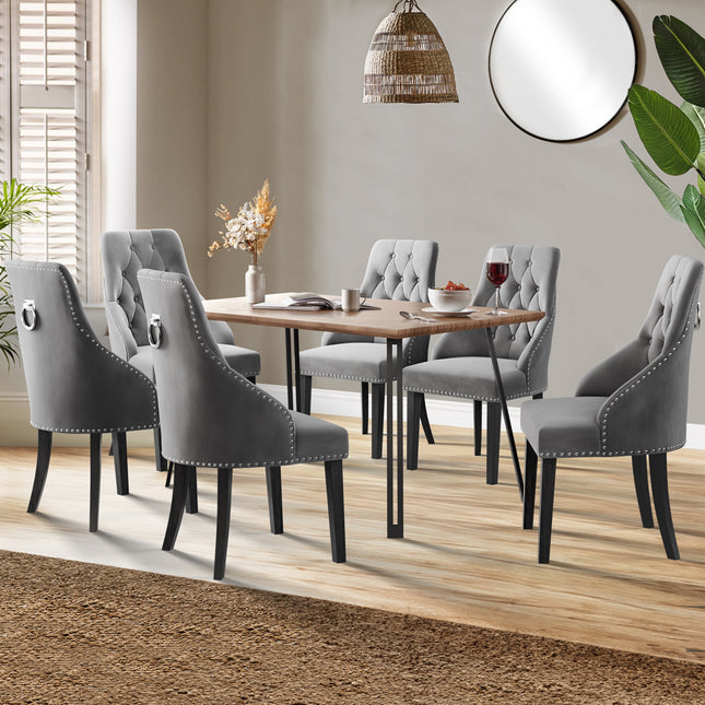 Corrib- Large Dark Oak Wood Effect Dining Table & Hilton Grey Velvet Upholstered Buttoned Dining Chair