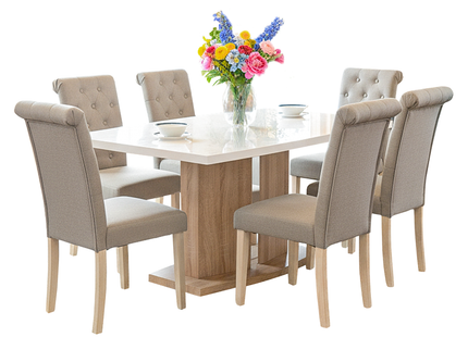 Detroit High Gloss White Top Sonoma Table & Venice Beige Dining Chairs