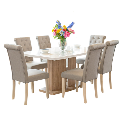 Detroit High Gloss White Top Sonoma Table & Venice Beige Dining Chairs