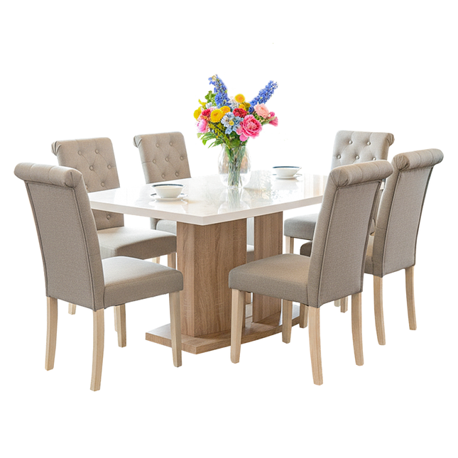 Detroit High Gloss White Top Sonoma Table & Venice Beige Dining Chairs